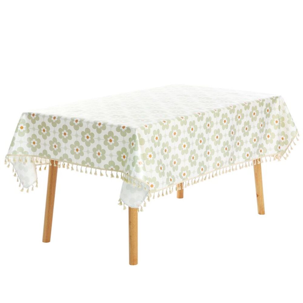 1 Pack Rectangle Faux PU with Tassel Table Cover 55x55inch Green Flower